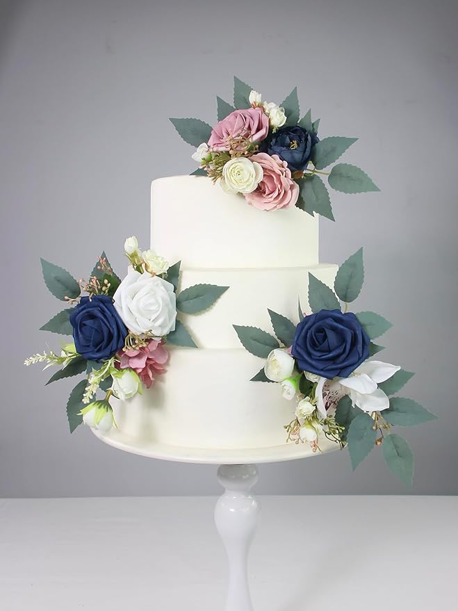Rinlong 3Pcs Pre-made Cake Flowers Navy Blue Pink Cake Decorations Wedding Cake Decorating Flowers Decor Birthday Baptism Party Artificial Flowers Cake Toppers