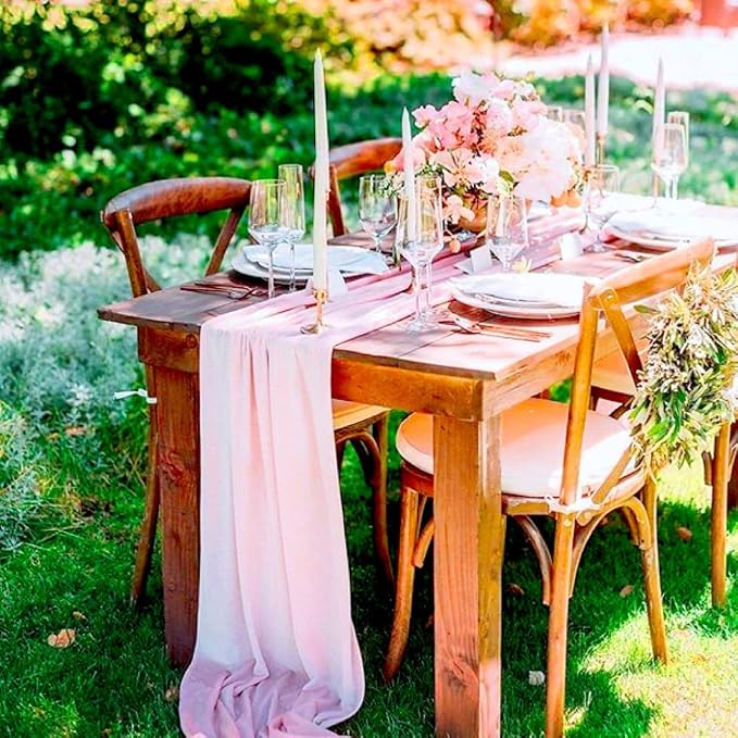 Fivenl 12 Packs Chiffon Table Runner - Pink, Sheer, Romantic for Wedding, Birthday, Party & Baby Shower Decoration (12" x 120")