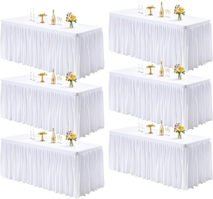 PARTISKY 6 Pack White Tablecloths for Rectangle Tables 6ft, Wrinkle Resistant White Table Cover Fitted Stretch Table Cloth with Pleated Ruffle Skirts for Party Banquet Dining Birthday Wedding