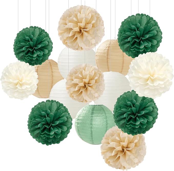 Sage-Green Gold Party-Decorations Paper-Flowers Lanterns - 15pc Boho White Champagne Tissue Pom Poms Streamers,Birthday Bachelorette Bridal Baby Shower Engagement Wedding Graduations Decor Panduola