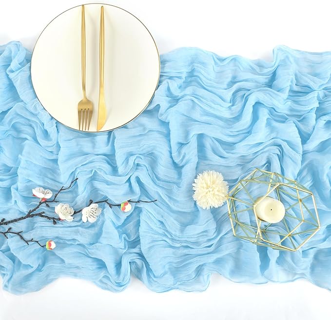 12 Pack 10Ft Baby Blue Cheesecloth Table Runner 35 x 120 inch Boho Gauze Cheese Cloth Table Runner Vintage Rustic Sheer Runners for Wedding Bridal Shower Birthday Party Cake Table Decorations
