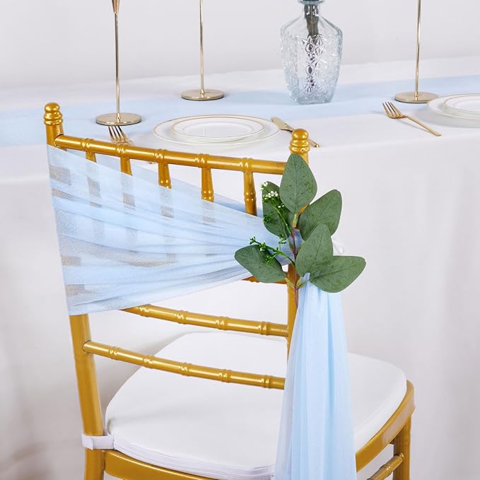 QueenDream Light Blue Chair Sashes Wedding Aisle Decorations: 16 Packs 8ft Long Draping Fabric Sheer Church Chair Cover Bulk for Baby Shower Party Banquet