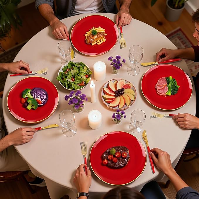 DaYammi 150Pcs Red Plastic Plates & Gold Cutlery with Red Handle,Red Disposable Plates Set Include 30 Dinner Plate, 30 Dessert Plate,30 Knives,30 Forks,30 Spoons for Mother's Day Party Wedding