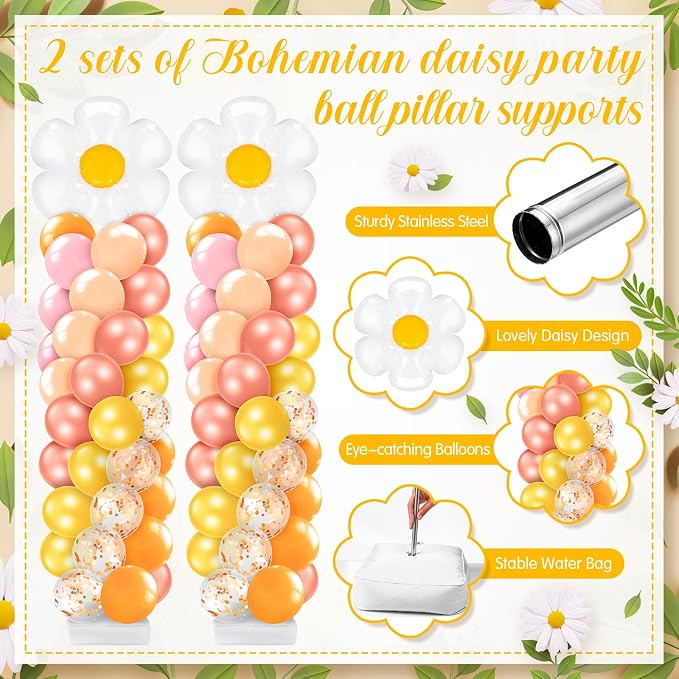 Kasyat 2 Set Groovy Daisy Balloon Column Stand Kit with Adjustable Balloon Arch Kit Boho Pastel Pink Orange Yellow Flower Party Supplies for Wedding Baby Shower Two Groovy Birthday Party Supplies