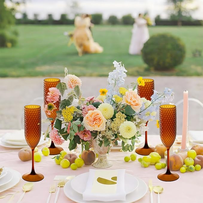 24 Pack Amber Plastic Champagne Flutes Mimosa Unbreakable Champagne Glasses Wedding Toasting Glasses 5.5 OZ Reusable Diamond Glasses Wine Cups Vintage Drinking Glasses for Wedding,Christmas,Party