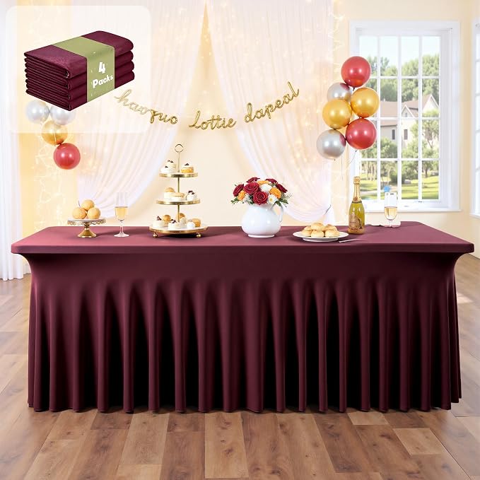 Outpain 6ft Spandex Table Cloth for Standard Folding Tables-4Pack Burgundy Table Cloth Table Protector for Party, Wedding, Cocktail, Banquet, Festival