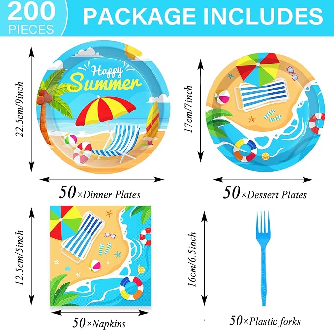 50 Guests Beach Plates and Napkins Party Supplies Summer Birthday Party Decorations Disposable Tableware Set Beach Dinnerware Favor for Kids, 200PCS