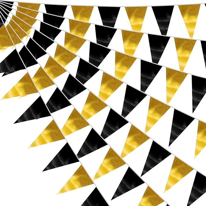40M/130FT Black Gold Triangle Pennant Banner Flag Metallic Fabric Bunting Garland for Christmas Wall Hanging,Graduation Decorations, New Years Decorations,Father' Da