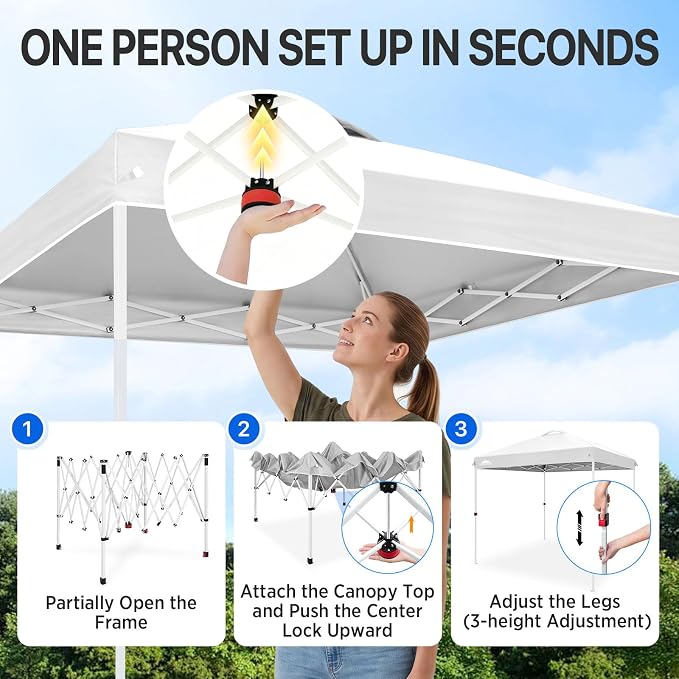 EAGLE PEAK Pop Up Canopy Tent with Wheeled Carry Bag, 8 Stakes, 4 Ropes, Easy Set Up Tent Canopy, 8x8 ft, White