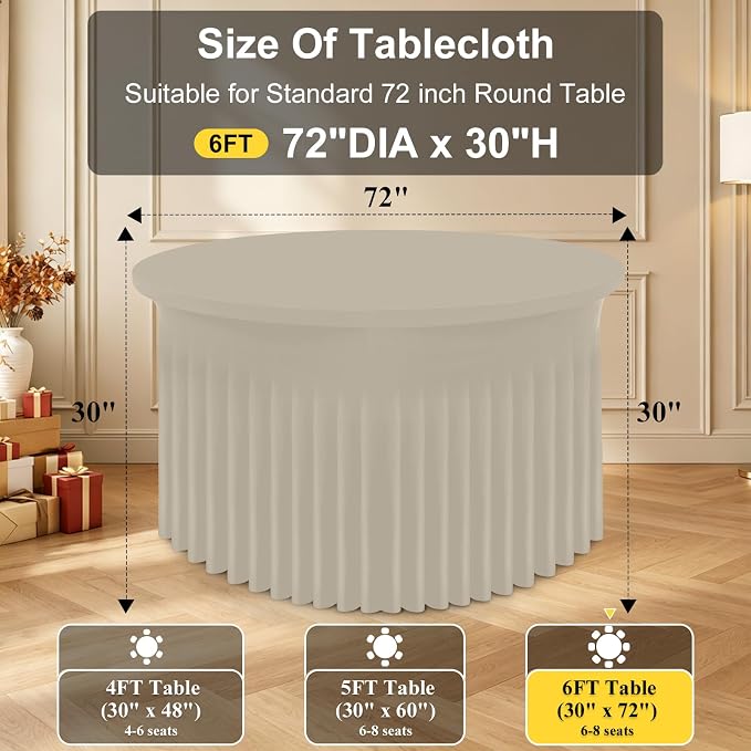 Smiry Round Spandex Tablecloth, Elastic Fitted Washable Tablecloths for 72 Round Tables, Waterpoof Stretch Table Cover Skirt for Outdoor, Wedding, Banquet & Parties, Taupe