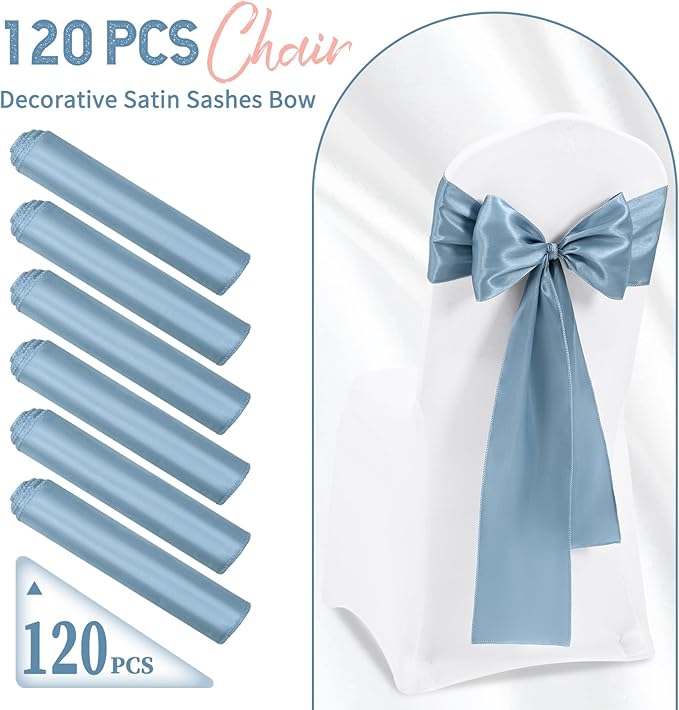 120 PCS Dusty Blue Satin Chair Sashes, Ties Bows Designed Chairs Decorative, Chair Cover Sashes for Thanksgiving Wedding Christmas Banquet Party Home Kitchen Decoration (7 x 108 inch)