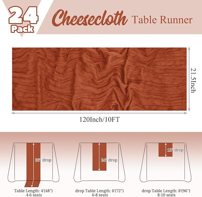 24 Pack Terracotta Table Runner 10Ft Cheesecloth Table Runner Rustic Gauze Table Runners Romantic Long Sheer Fabric Cheese Cloth Table Runners for Wedding Party Bridal Baby Shower