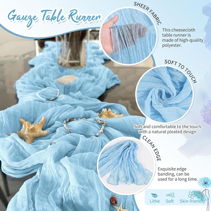 18 Pack Baby Blue Cheesecloth Table Runner 17 x 108 inch Boho Gauze Table Runner Rustic Sheer Cheese Cloth Table Decorations for Wedding Party Baby Bridal Shower Birthday Holiday Home