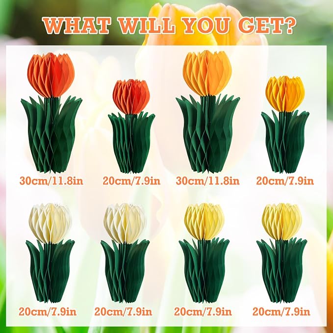 SUNBEAUTY 8PCS Flower Honeycomb Decoration Spring Decorations for Office Spring Table Decor Tulip Honeycomb Flower Mother's Day Decoration Orange Tulip Decor Spring Decor Tulips Table Centerpieces