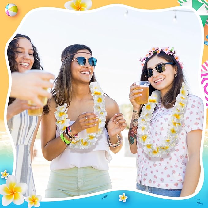 Sherr 48 Pcs LED Hawaiian Leis Light up Flower Leis Necklace with LED Lights Luau Flowers Necklaces for Masquerade Beach Wedding Tropical Themed Party Supplies(White with Yellow)