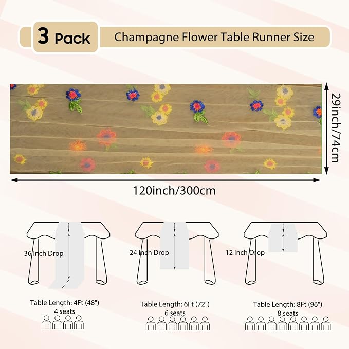 Set of 3 Flower Table Runner 10ft, 29 * 120 Inch Champagne Table Cloth Sheer Tulle Table Cover,Embroidery Daisy Table Runner for Wedding Party Baby Shower Birthday Home Decor