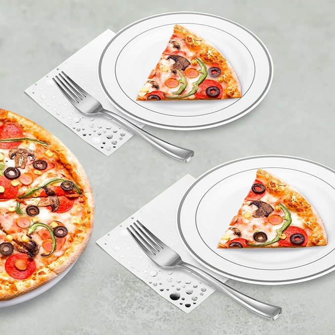 Stylish 7.5 Inch White and Silver Plastic Plates, Disposable Forks and Cocktail Napkins (100 Set), Silver Dessert Plates, Small Appetizer Plates, Disposable Cake Plates for Wedding Reception