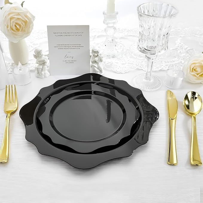 realluck 100 PCS Black Disposable Plates for 50 Guests, Scalloped Plastic Plates Include 50 Dinner Plates and 50 Dessert Plates for Party, Wedding, Graduation and Father's Day