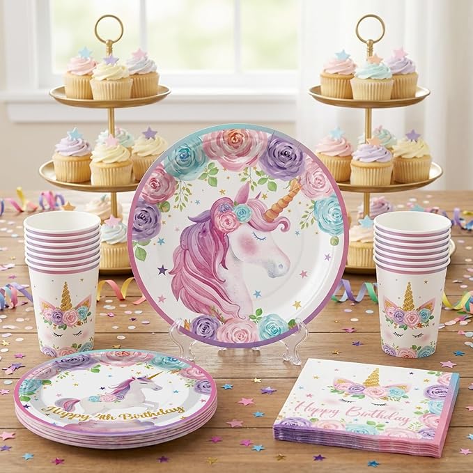 Xynic 332PCS Four Ever Magical Birthday Party Supplies, Unicorn 4th Birthday Decorations Set for 50 Guests with Plates, Napkins, Cups, Tablecloths & Balloons, Unicorn Party Supplies