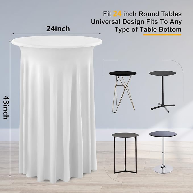 4 Packs White Round High Top Table Cloth 24inch×43inch Stretchy Wrinkle Free Highboy Cocktail Spandex Table Covers for Cocktail Party Wedding Banquet Baby Shower Baptism Decor