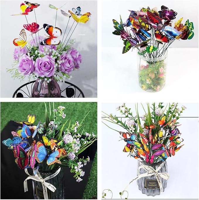 3D Butterfly Garden Stake Decor,10" PVC Butterfly Garden Decor for Outside,Shaking Head Artificial Butterflies for Cake Bouquet Wall Lawn Pathway Plant Pot Flower Bed Yard Decor (50, Red)
