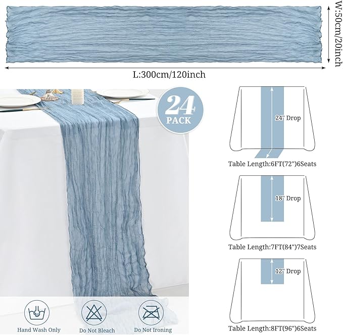 24 Pack Dusty Blue Cheesecloth Table Runner ,10FT Cheese Cloth Table Runner for Wedding Decor, 20x120inch Rustic Boho Gauze Table Runners for Wedding Party Bridal Shower