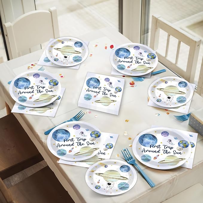 ZOIIWA 200 PCS First Trip Around the Sun Birthday Tableware Disposable 1st Space Party Supplies Outer Space Birthday Party Paper Plates Napkins Forks Baby Shower Decoration Serve 50 guest
