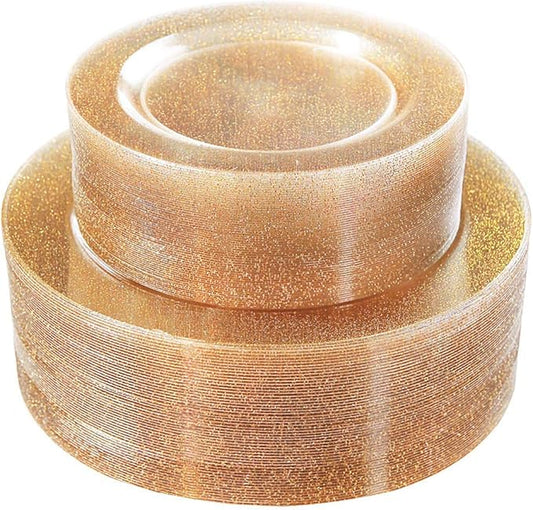 WDF 120PCS Gold Plastic Plates- Disposable Gold Glitter Plates, Premium Heavy Duty 60-10.25" Dinner Plate and 60-7.5" Salad Plate for Wedding Baby Shower Spring Birthday