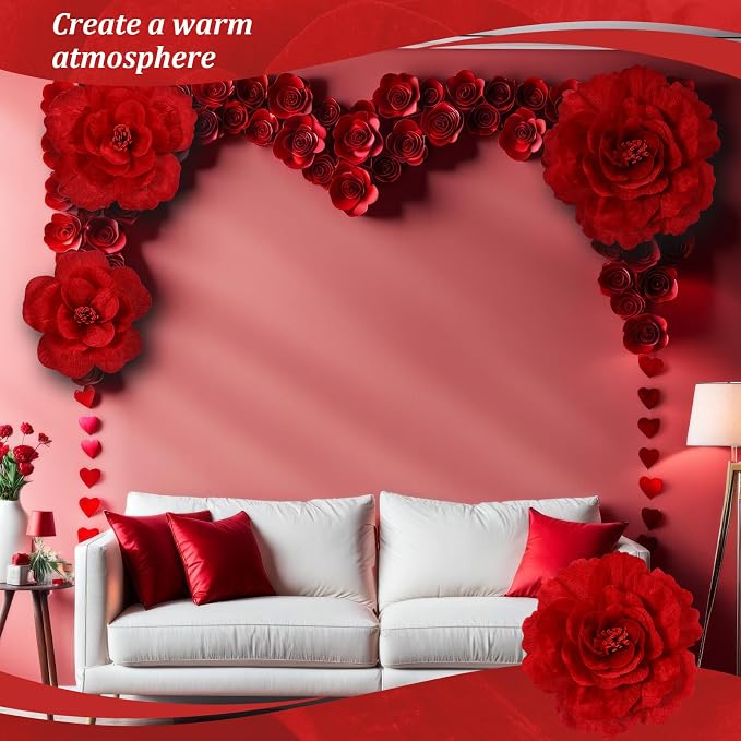 Norme 3 Pcs Giant Flowers for Decoration 12, 16, 20 Inch Large Artificial Red Velvet Rose Petals Giant Flowers Big Paper Red Peony for Wedding Arch Decoration Home Decor Anniversary Birthday