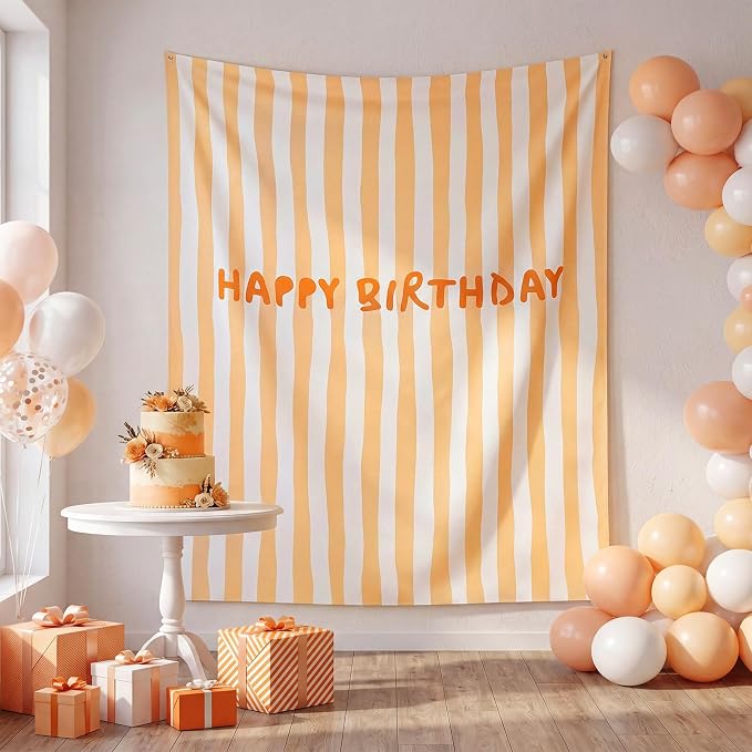 Flutesan 7x5ft Orange Stripe Happy Birthday Backdrop Large Banner Fabric Tapestry Birthday Party Decoration Baby Shower Linen Rustic Background Wall Photo Props Indoor Outdoor