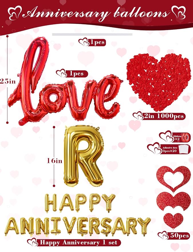 Happy Anniversary Decorations Set, Red Heart Balloons with Love Foil Balloons, Happy Anniversary Balloon Banner and Silk Rose Petals for Romantic Valentine's Day & Sweetest Day Supplies