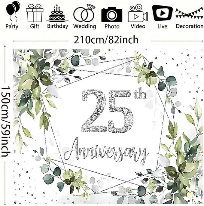 Silver 25th Wedding Anniversary Decorations Backdrop Eucalyptus Leaves Sparkling Diamond 25th Birthday Background Couple Wedding Engagement Banner (A, 7X5FT)
