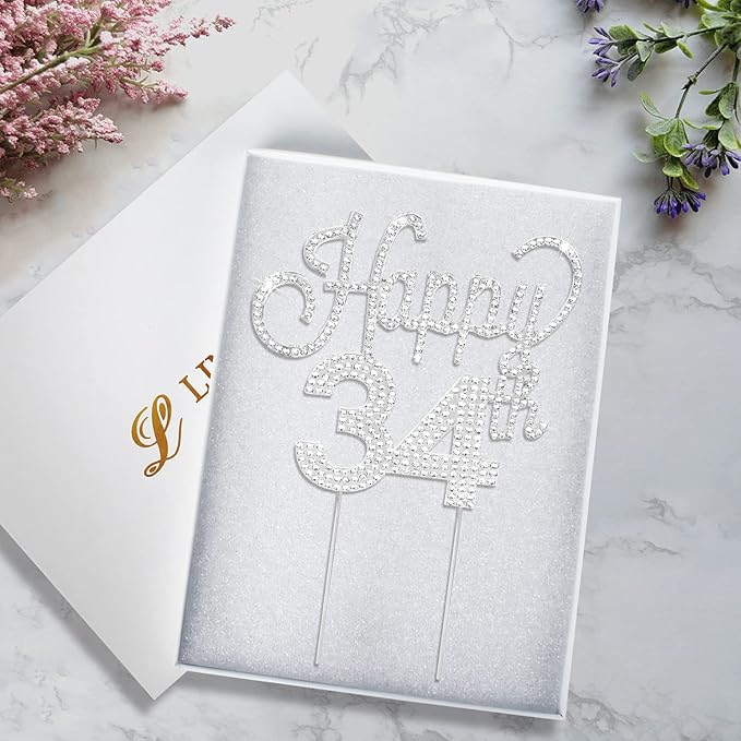 LINGTEER Happy 34th Birthday Silver Rhinestone Cake Topper - Cheers to 34th Birthday 34 Years Old Anniversary Party Cake Centerpieces Topper Decorations Gift Sign.