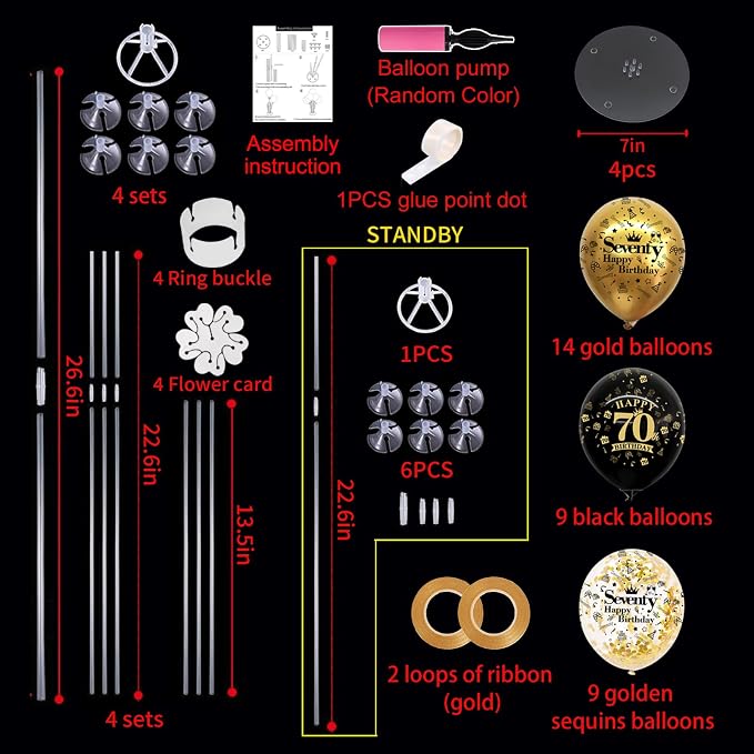 TONIFUL 4 Set Black Gold Balloon Stand Kit for Birthday Decorations for 70th,Balloon Centerpieces for Table Party Decorations Cheers to 70 Years Old Birthday for Men and Women