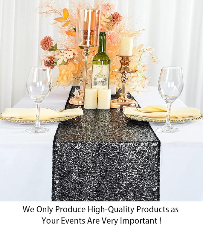 ShinyBeauty Black Table Runners Pack of 10 Home Decor Sequin Table Runner 12x108-Inches Wedding Graduation Party Supplies Baby Shower Birthday Tablecloth Runner for Tables