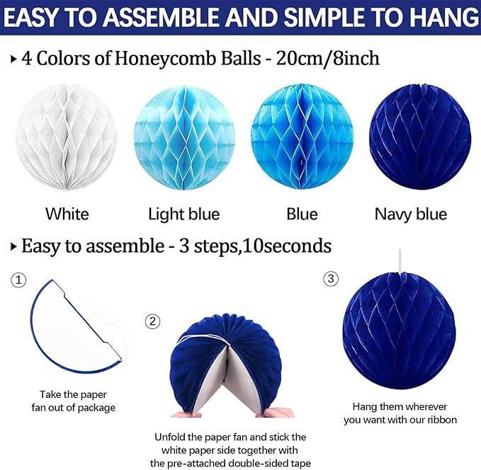 24Pcs Blue Birthday Party Decorations for Boys Men Navy Royal Light Blue Honeycomb Ball, Hanging Paper Fans, Pom Poms, Baby Shower Decorations Boy, Party Supplies 16th 18th 21th 30th 40th 50th