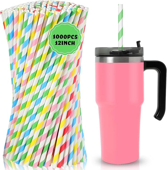 Eaasty 1000 Pack 12 Inch Extra Long Paper Straws Bulk Disposable, 8 mm Wide Stripe Straws in 5 Colors, 100% Biodegradable, Non-soggy Paper for About 40oz Tumblers Smoothies Tall Drinks