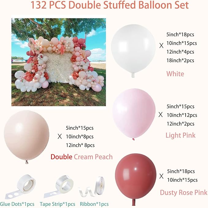 Pink and White Balloons Garland Arch Kit - Double Stuffed Matte Light Pink Blush Pink Cream Peach Latex Balloon Different Sizes 18 12 10 5In Dusty Rose Ballon for Baby Shower Party Decorations
