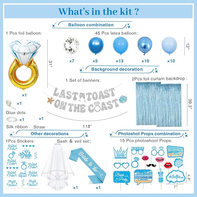 Last Toast on The Coast Bachelorette Decorations - Blue Party Favors Include Banner, Temporary Tattoos, Bride Balloons and Decor