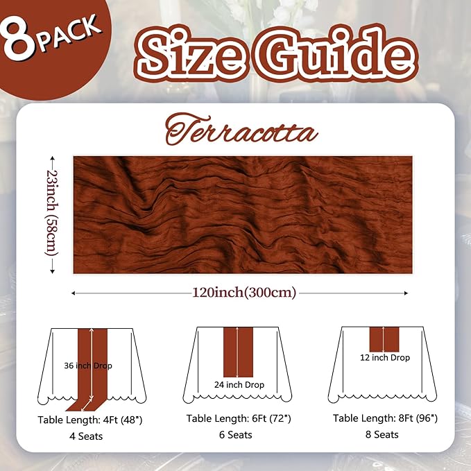 8 Pack Table Runner Terracotta Cheesecloth 10ft Boho Gauze Fabric 120 Inch Burnt Orange Cheese Cloth Table Runner Rustic Sheer for Holiday Baby Shower Party Décor Home Wedding Decoration