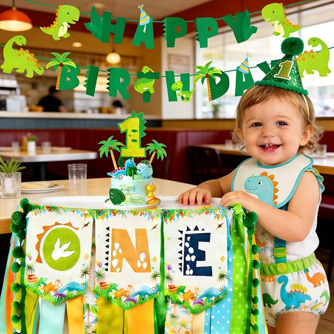 One a Saurus Birthday Decorations-Pre-Strung Happy Birthday Felt Banner Dinosaur 1st Birthday Decorations，Dinosaur Birthday Garland, Highchair Banner for Dino Themed Party Supplies