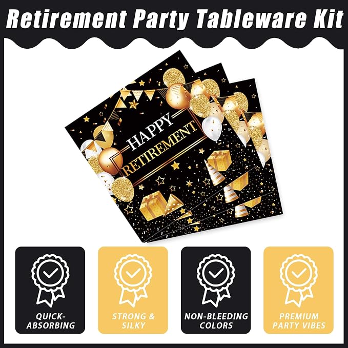 Kepeel 96 Pcs Retirement Party Plates and Napkins Set, Happy Retirement Party Supplies Decorations for Men Women Gold and Black Farewell Going Away Disposable Dinnerware Tableware Kit, Serves 24