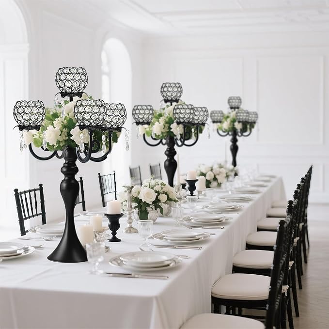 22.5 Inch Black 5-Arm Tea Light Crystal Candle Holder/Candlestick, Exquisite and Gorgeous Crystal Candelabra Table Centerpiece for Wedding/Holiday Events, Parties & Home Decor