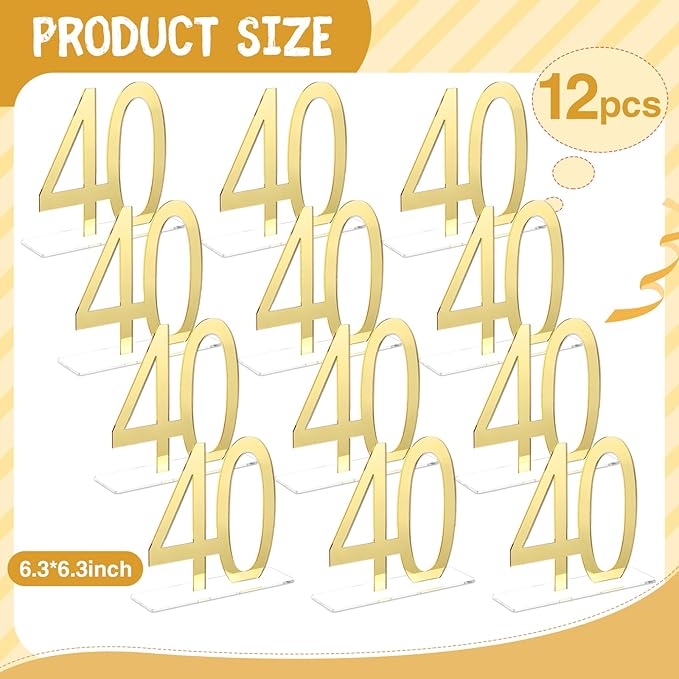 Threehoney 12 Pcs Mirror Gold 40th Birthday Decorations for Men and Women Acrylic Anniversary Decorations Table Numbers Centerpieces for Birthday Party