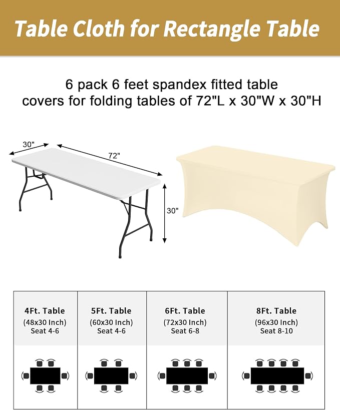 Fixwal 6 Pack 6Ft Ivory Table Cover, Spandex Fitted Tablecloths Rectangle, Wrinkle-Free and Stretch Folding Table Cloth for Banquet, Wedding, Party, Trade Show