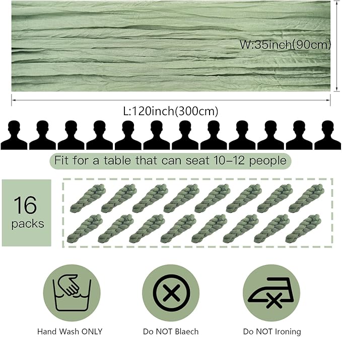 16 Pack Sage Green Cheesecloth Table Runner 10FT Boho Gauze Cheese Cloth Table Runner Long Rustic Sheer Table Runners for Wedding Bridal Baby Shower Birthday Party Table Decorations
