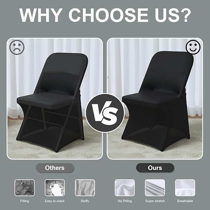 Trlyc Spandex Folding Chair Covers 100 Pcs Universal Fitted Stretchy Dining Chair Slipcovers for Wedding Party Banquet Flat-Front Chair Cover (Black)