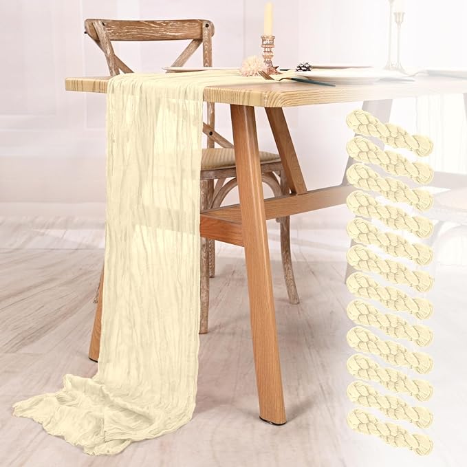 12 Pack Ivory Cheesecloth Table Runner 10FT Boho Gauze Cheese Cloth Table Runner Rustic Sheer Fabric Table Runners for Wedding Bridal Shower Baby Shower Party(21.5×120 Inch)