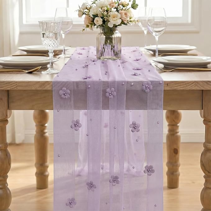 Artoid Mode Purple Flower Pearl Purple Gauze Table Runner 10FT, Seasonal Sheer Dining Holiday Wedding Birthday Baby Shower Table Decor for Home Party