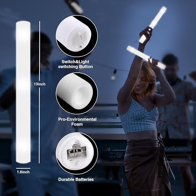 48Pack LED Glow Foam Sticks Bulk,Light Up Glow Sticks with 3 Flashing Modes,White Glow Wands Party Pack,Glow In The Dark Party Supplies for Easter,July 4th, Wedding,Birthday,Concert